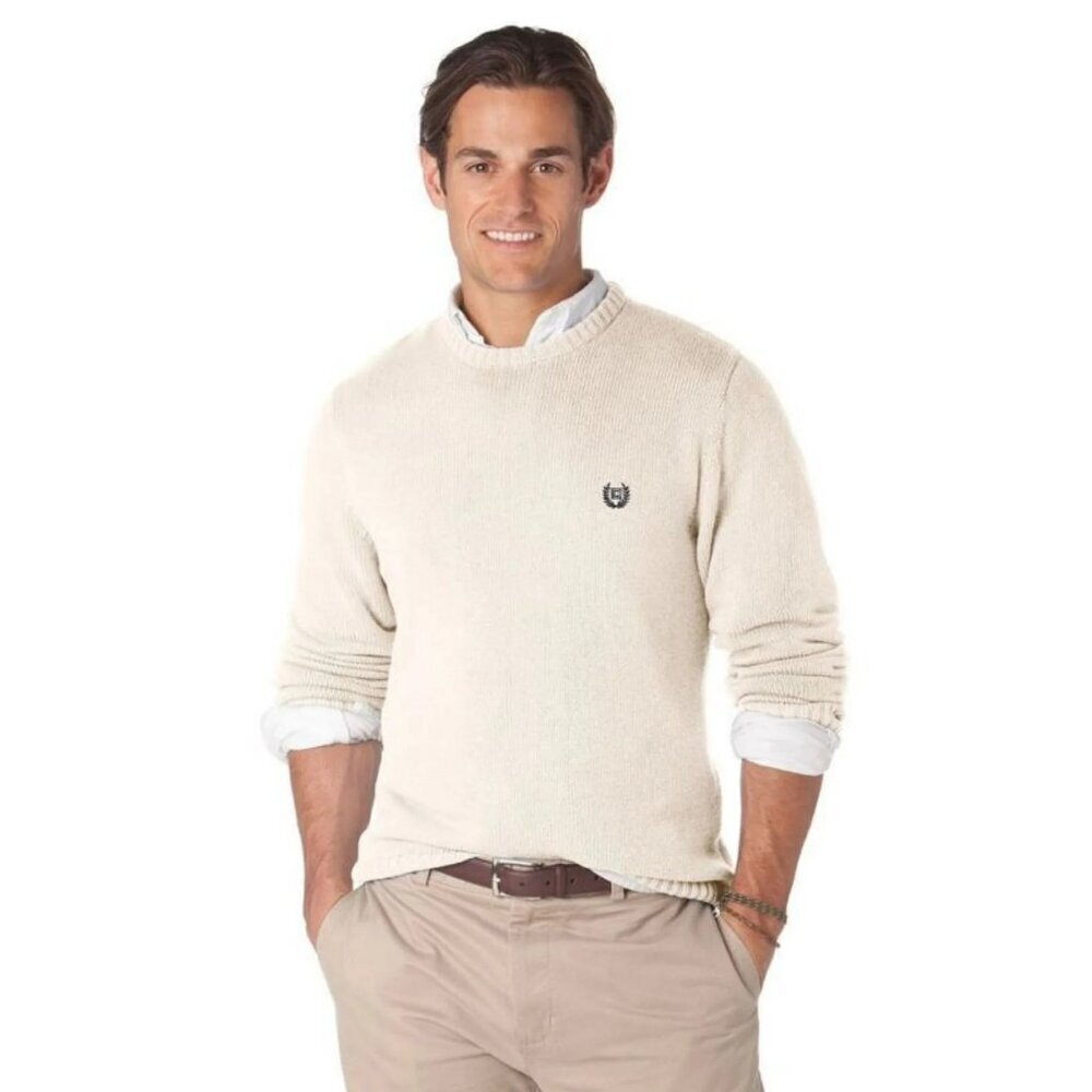 Ralph Lauren Chaps Men Long Sleeve Cream Cotton Crewneck Embroidered Sweater 2XL